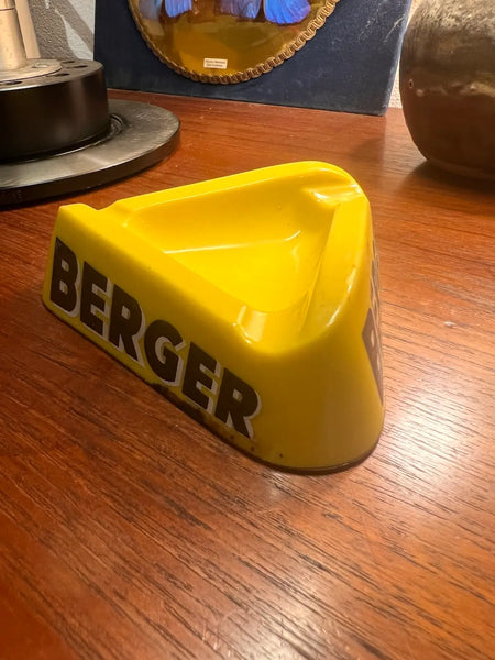 Cendrier publicitaire triangulaire vintage Berger Opalex en opaline jaune - Années 60