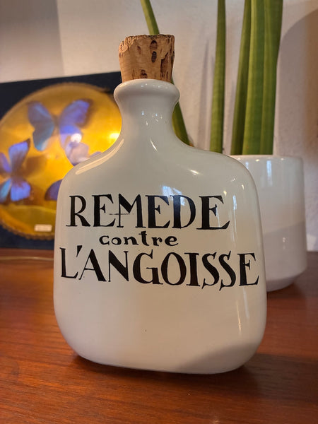 Bouteille / flasque / flacon vintage en céramique Remède contre l'angoisse