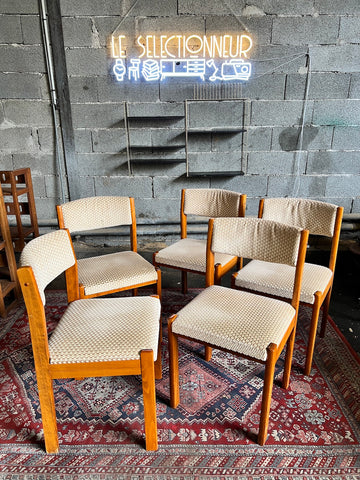 Lot de 5 chaises rares et vintages Baumann en bois et velours - Années 70