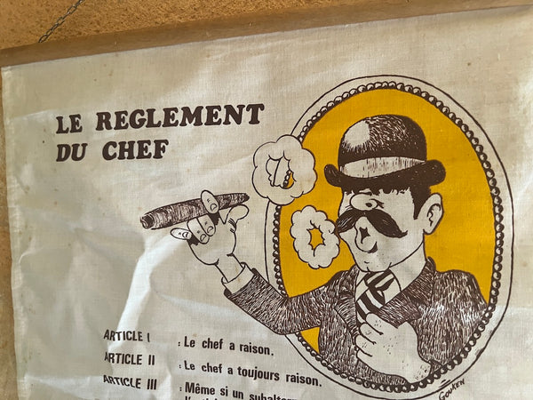 Affiche murale humoristique vintage en tissu Le Réglement du Chef