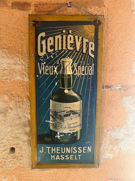 Rare enseigne / plaque publicitaire vintage en métal peint Genièvre J. Theunissen Hasselt - La Réclame Mondiale Bruxelles