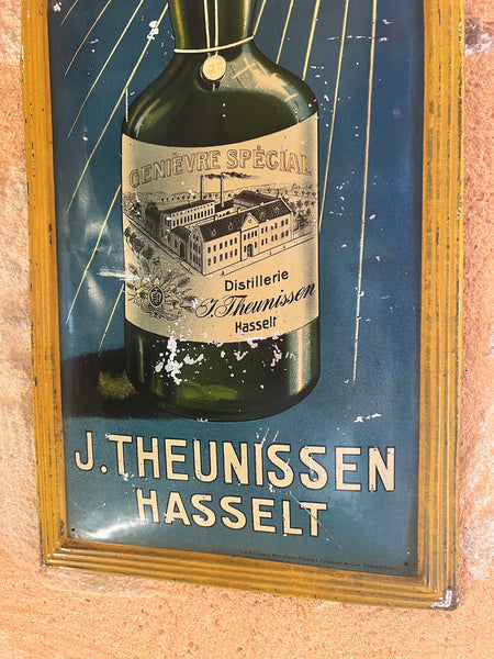 Rare enseigne / plaque publicitaire vintage en métal peint Genièvre J. Theunissen Hasselt - La Réclame Mondiale Bruxelles