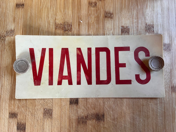 Panneau d'affichage de boucherie vintage "Viandes" à ventouses - Années 60.