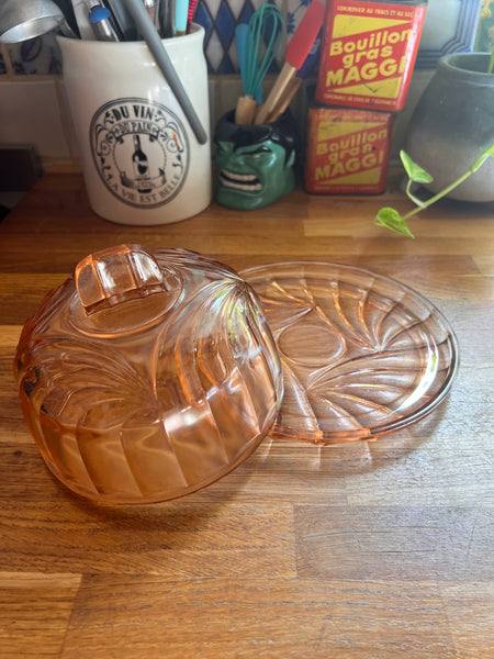 Cloche à fromage / gâteau vintage en verre rose dit rosaline - Made in France - Années 50