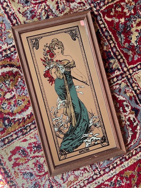 Miroir vintage sérigraphié Spring (Printemps) par Alphonse Mucha - 41,5 x 22,5cm