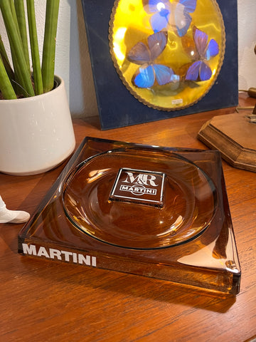 Grand cendrier carré M&R Martini de bistrot vintage en verre brun