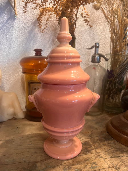 Pot à couvercle vintage en verre soufflé opaline rose poudrée - Années 60