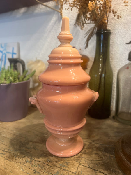 Pot à couvercle vintage en verre soufflé opaline rose poudrée - Années 60