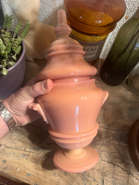 Pot à couvercle vintage en verre soufflé opaline rose poudrée - Années 60