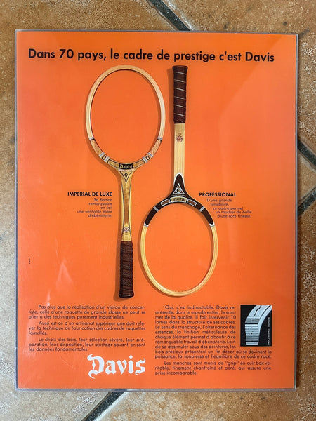 Petit panneau publicitaire vintage des raquettes de tennis Davis sous plexiglas 28x21cm