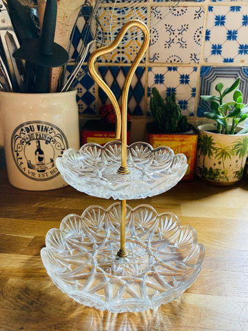 Présentoir à gateaux vintage en verre et métal