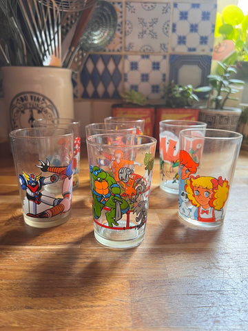 Lot de 7 verres vintages Moutarde Amora de dessins animés )- Années 70/80